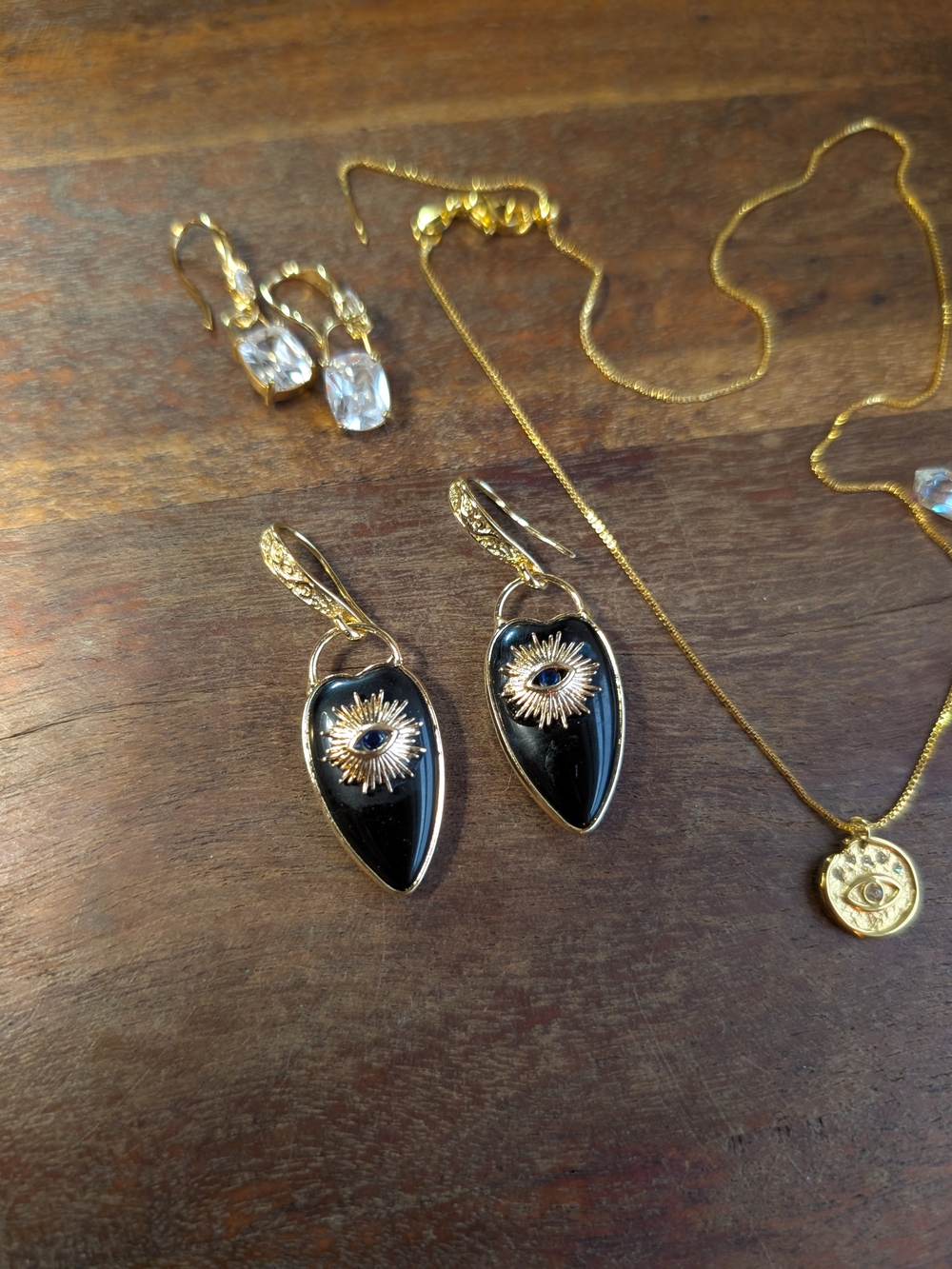 Gold Plated Evil Eye Necklace, Earrings & Bracelet Jewelry Lot